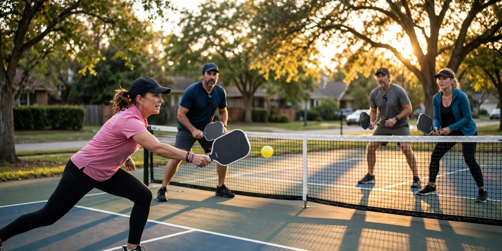 Four friends playing doubles pickleball at golden hour