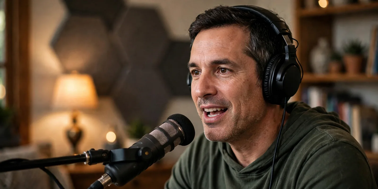 Man recording a podcast in his home studio